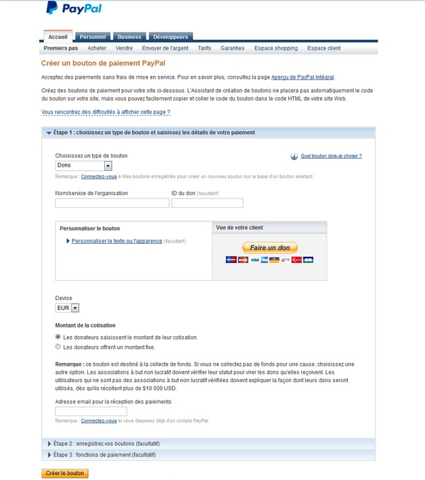 Créer un bouton de demande de don Paypal