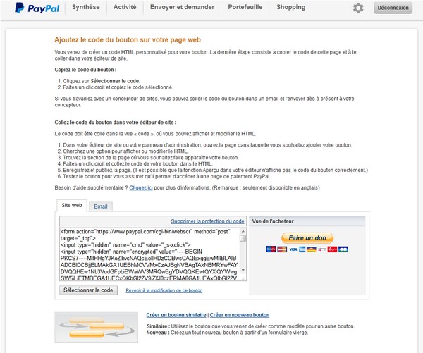 Créer un bouton de demande de don Paypal