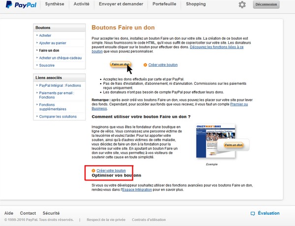 Créer un bouton de demande de don Paypal